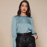 Women's Lantern Sleeve Silk Blouse Long Sleeves Silk Shirt Haze Blue XS