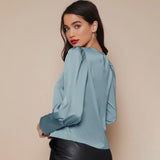 Women's Lantern Sleeve Silk Blouse Long Sleeves Silk Shirt Haze Blue XS