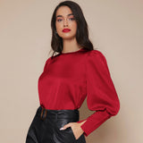 Women's Lantern Sleeve Silk Blouse Long Sleeves Silk Shirt Claret XS