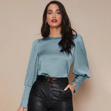 Women's Lantern Sleeve Silk Blouse Long Sleeves Silk Shirt Haze Blue XS