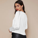 Women's Lantern Sleeve Silk Blouse Long Sleeves Silk Shirt White XS