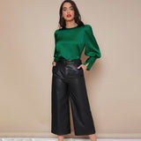 Women's Lantern Sleeve Silk Blouse Long Sleeves Silk Shirt Green XS