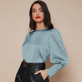 Women's Lantern Sleeve Silk Blouse Long Sleeves Silk Shirt Haze Blue XS