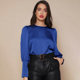 Women's Lantern Sleeve Silk Blouse Long Sleeves Silk Shirt Navy Blue XS