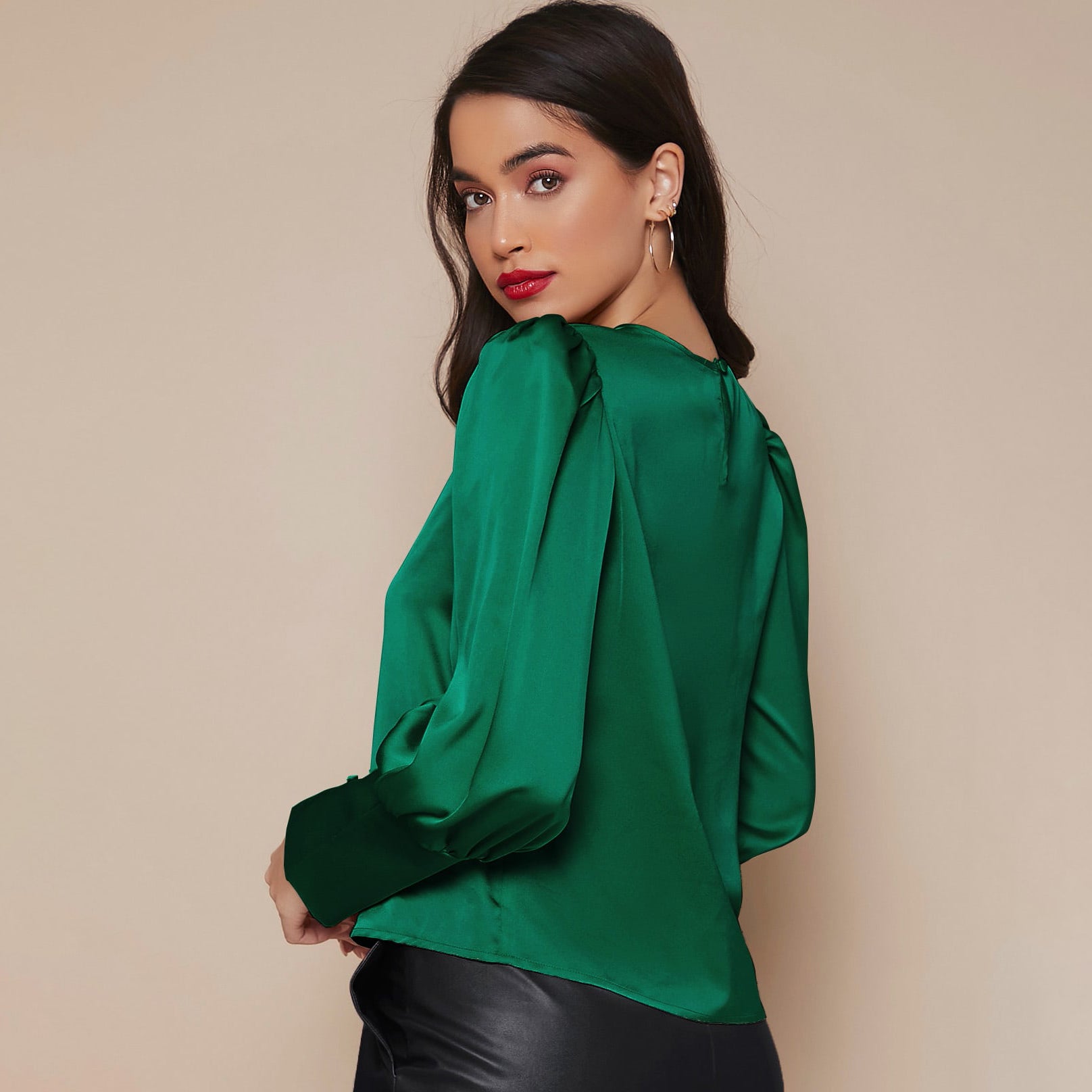 Women's Lantern Sleeve Silk Blouse Long Sleeves Silk Shirt Green XS
