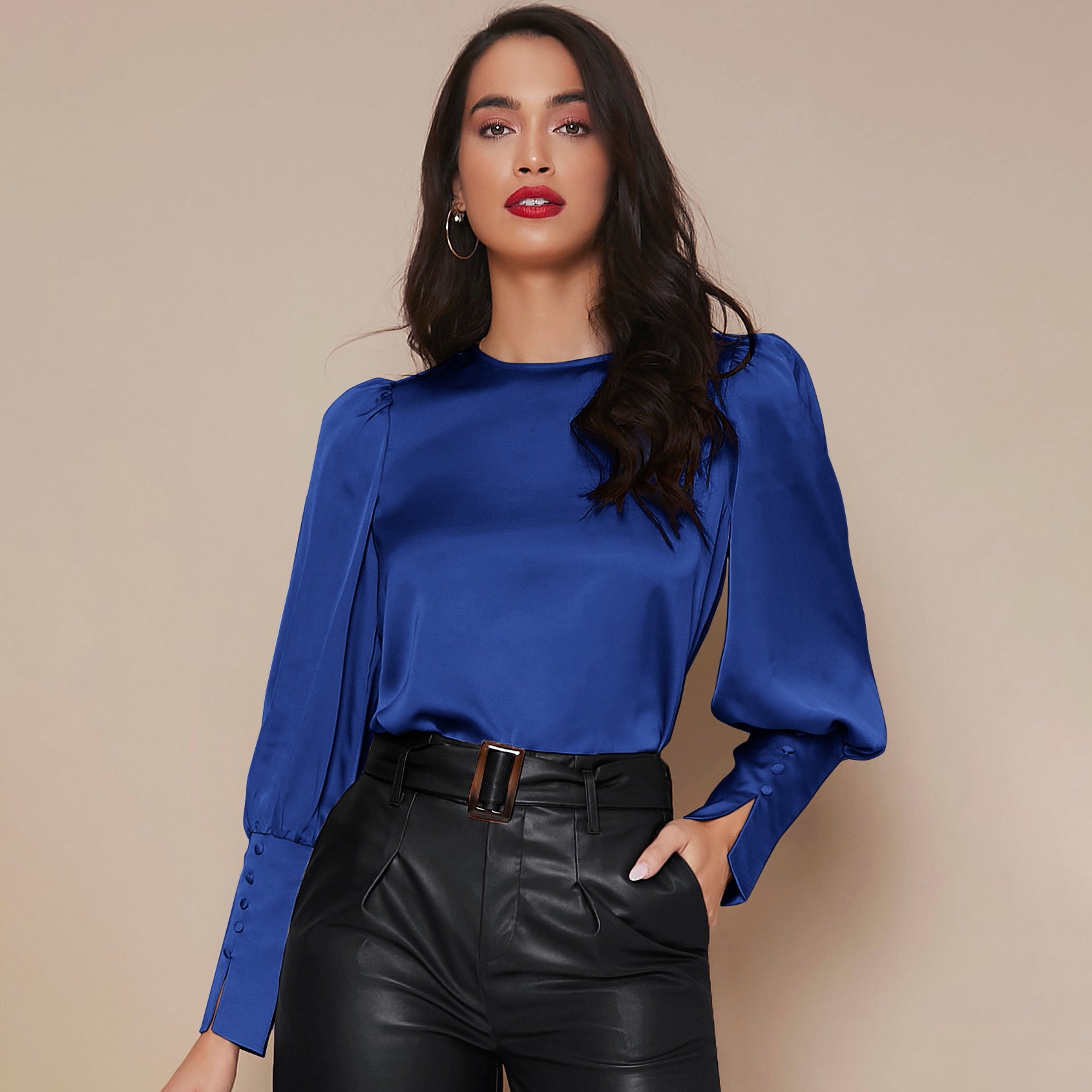 Women's Lantern Sleeve Silk Blouse Long Sleeves Silk Shirt Navy Blue XS