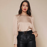 Women's Lantern Sleeve Silk Blouse Long Sleeves Silk Shirt Champagne XS