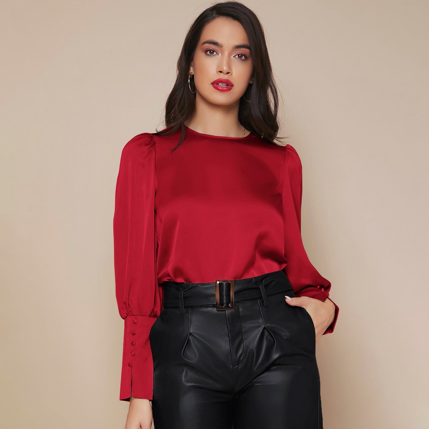 Women's Lantern Sleeve Silk Blouse Long Sleeves Silk Shirt Claret XS