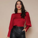 Women's Lantern Sleeve Silk Blouse Long Sleeves Silk Shirt Claret XS