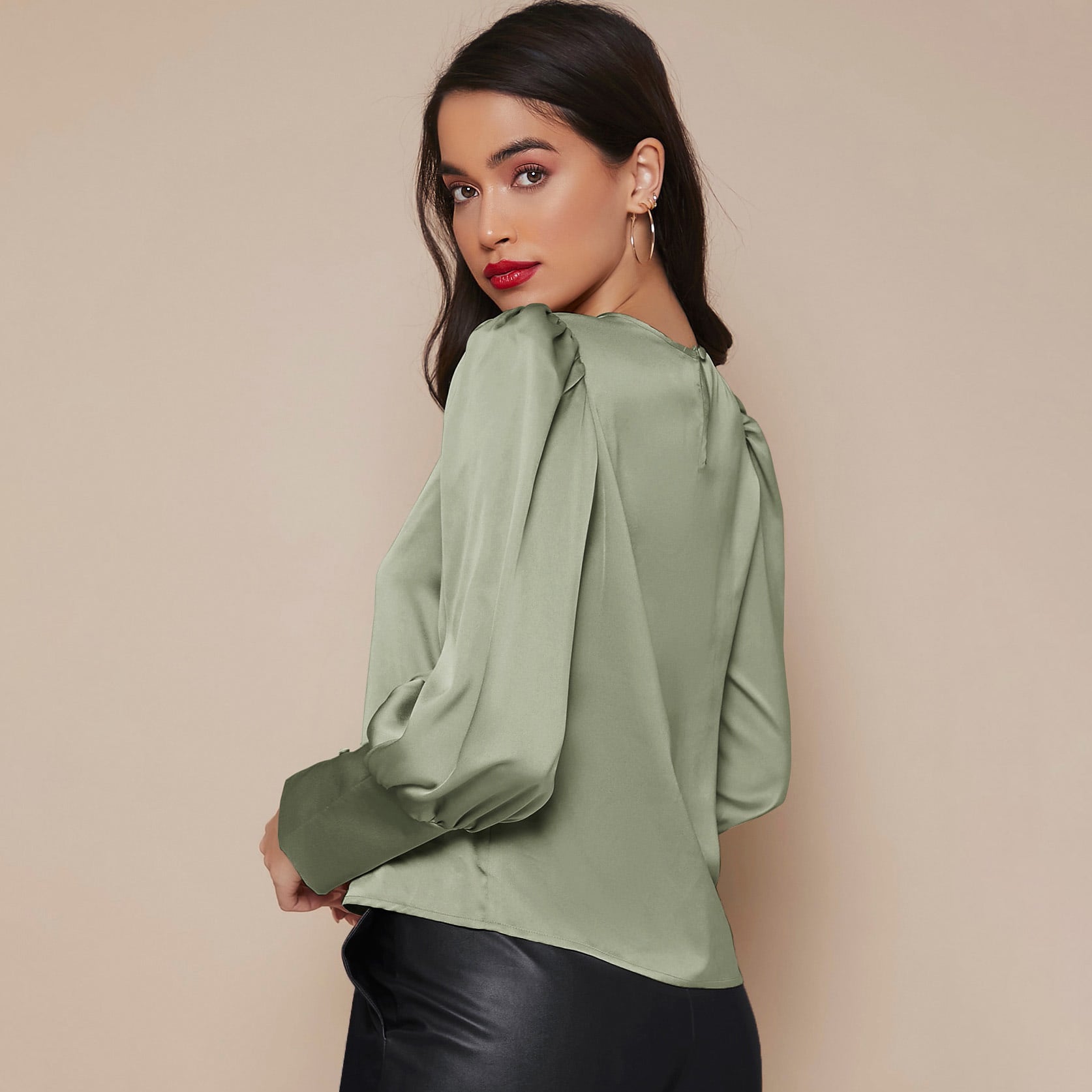 Women's Lantern Sleeve Silk Blouse Long Sleeves Silk Shirt Light Green XS