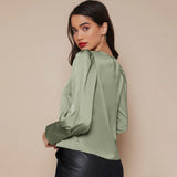 Women's Lantern Sleeve Silk Blouse Long Sleeves Silk Shirt Light Green XS