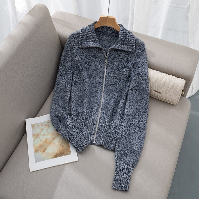 Womens Zip - Up Cashmere Knit Cardigan Fold - Over Collar Lapel Jacket