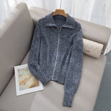 Womens Zip - Up Cashmere Knit Cardigan Fold - Over Collar Lapel Jacket