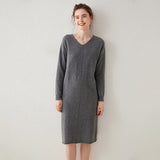 Womens Cashmere Knit Midi Dress Long Sleeve V Neck Straight - cut Dress