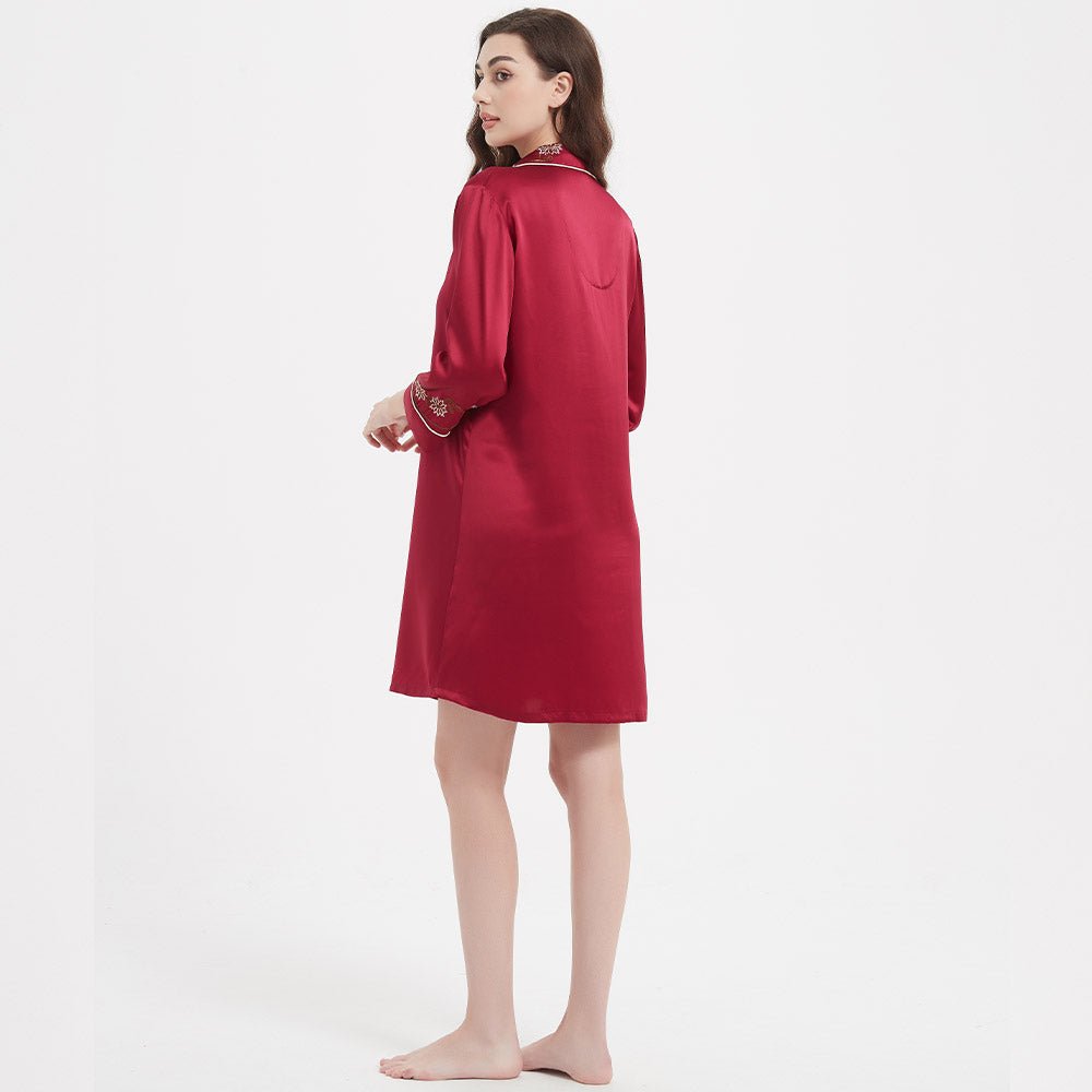 Women's Long Sleeves 100% Silk Nightshirts With Embroidery
