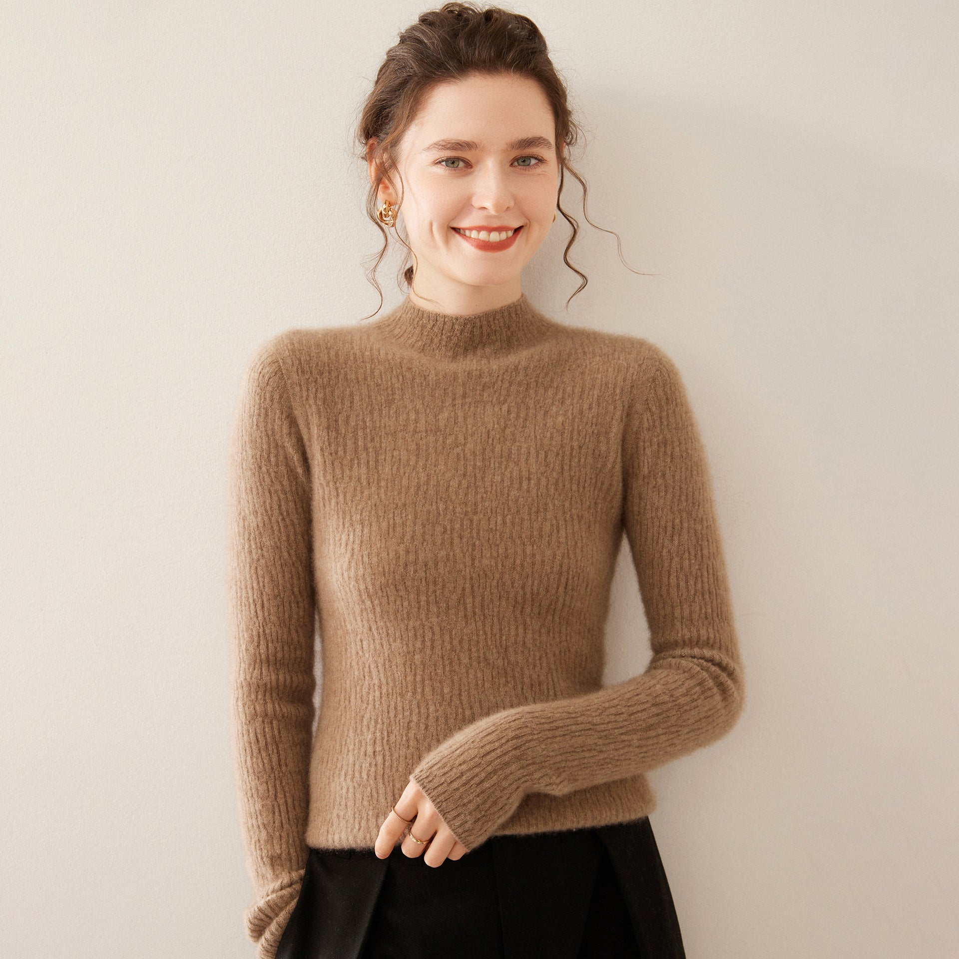 Womens Mock Neck Cashmere Ribbed Sweater Cashmere Pullover Taupe XS