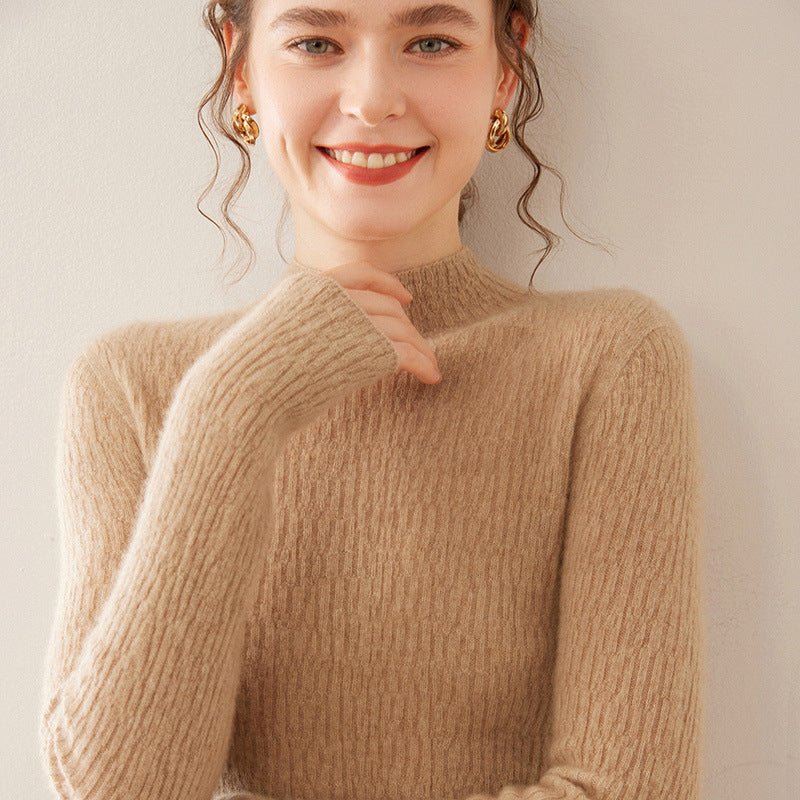 Womens Mock Neck Cashmere Ribbed Sweater Cashmere Pullover Camel XS