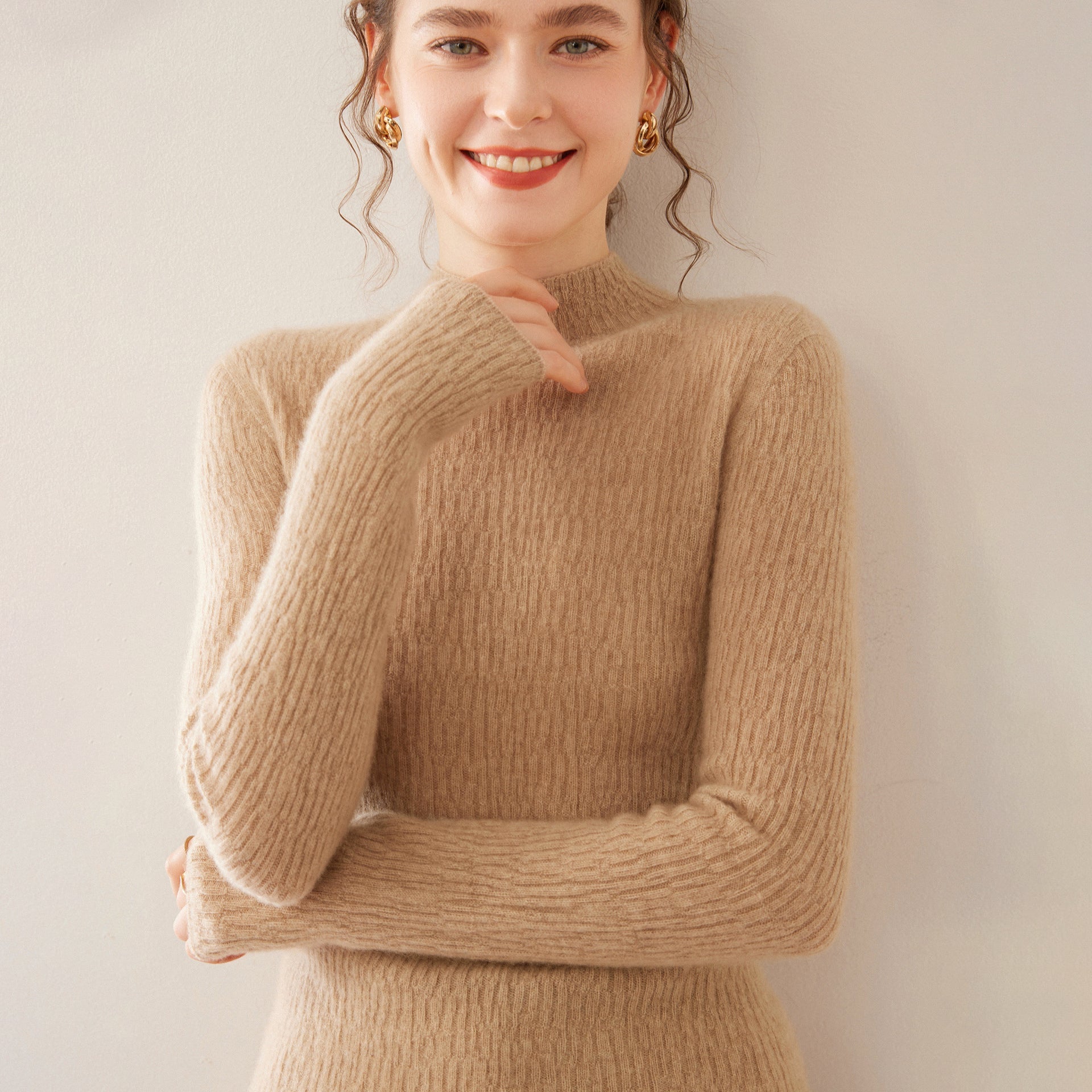 Womens Mock Neck Cashmere Ribbed Sweater Cashmere Pullover Camel XS
