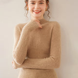 Womens Mock Neck Cashmere Ribbed Sweater Cashmere Pullover Camel XS