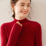 Womens Mock Neck Cashmere Ribbed Sweater Cashmere Pullover Claret XS