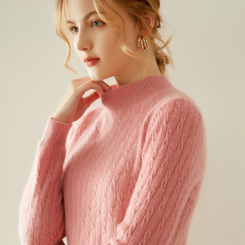 Womens Mock Neck Cashmere Sweater Cable Knit Long Sleeve Cashmere Pullover Pink XS