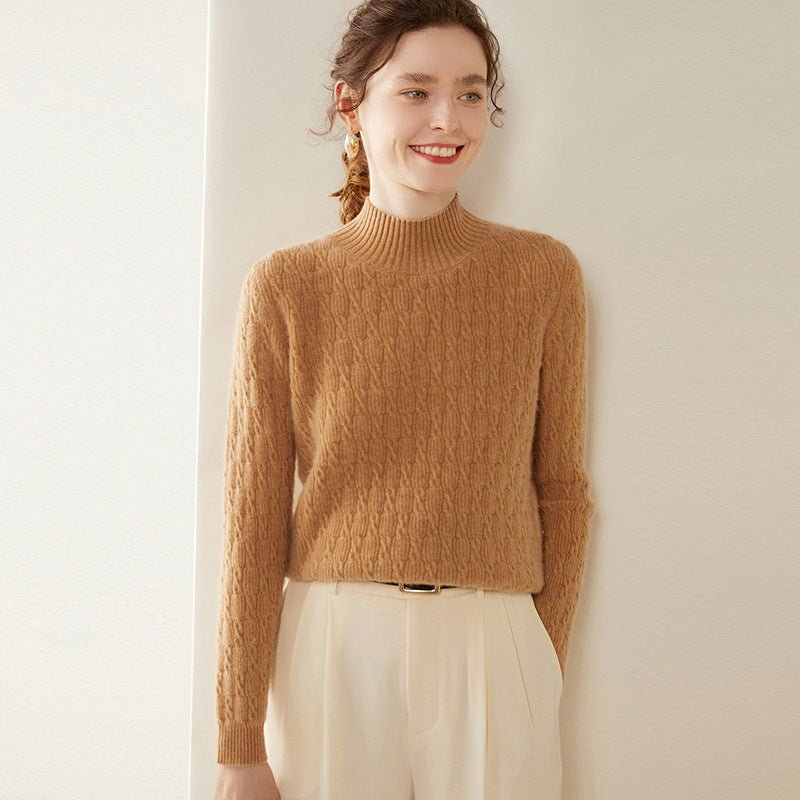 Womens Mock Neck Cashmere Sweater Cable Knit Long Sleeve Cashmere Pullover Camel XS