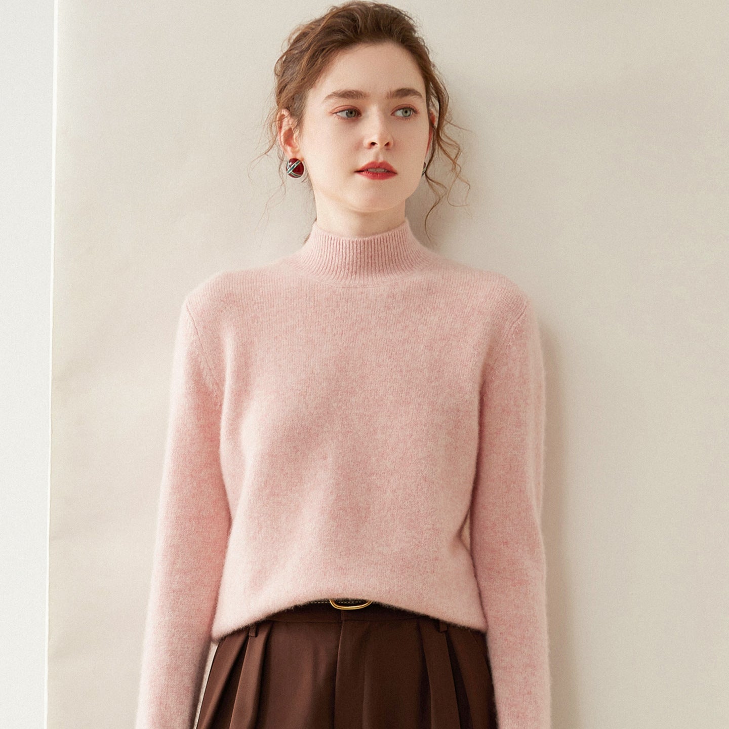 Womens Mock Neck Cashmere Sweater Long Sleeve Cashmere Pullover Multi Colors Pink XS