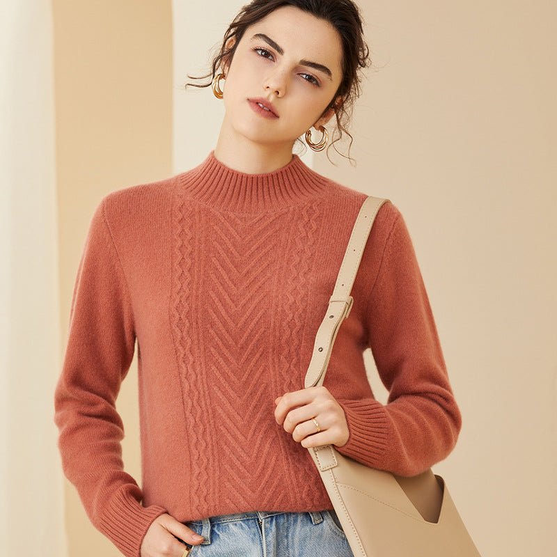 Womens Cashmere Mock Neck Sweater Chevron Knit Long Sweater