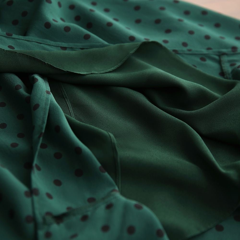 Womens Polka Dot Silk Wrap Dress V Neck Ruffle Sleeve Silk Midi Dress Green XS