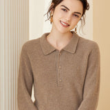 Womens Ribbed Cashmere Polo Sweater Button - Up Long Sleeves Sweater