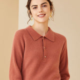 Womens Ribbed Cashmere Polo Sweater Button - Up Long Sleeves Sweater