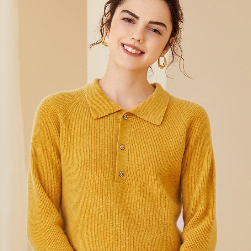 Womens Ribbed Cashmere Polo Sweater Button - Up Long Sleeves Sweater