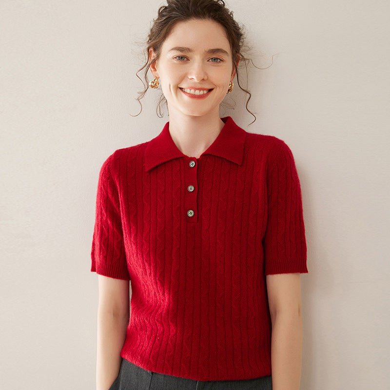 Womens Polo Neck Cashmere Sweater Short Sleeve Cable Knit Cashmere Top Red XS