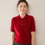 Womens Polo Neck Cashmere Sweater Short Sleeve Cable Knit Cashmere Top Red XS