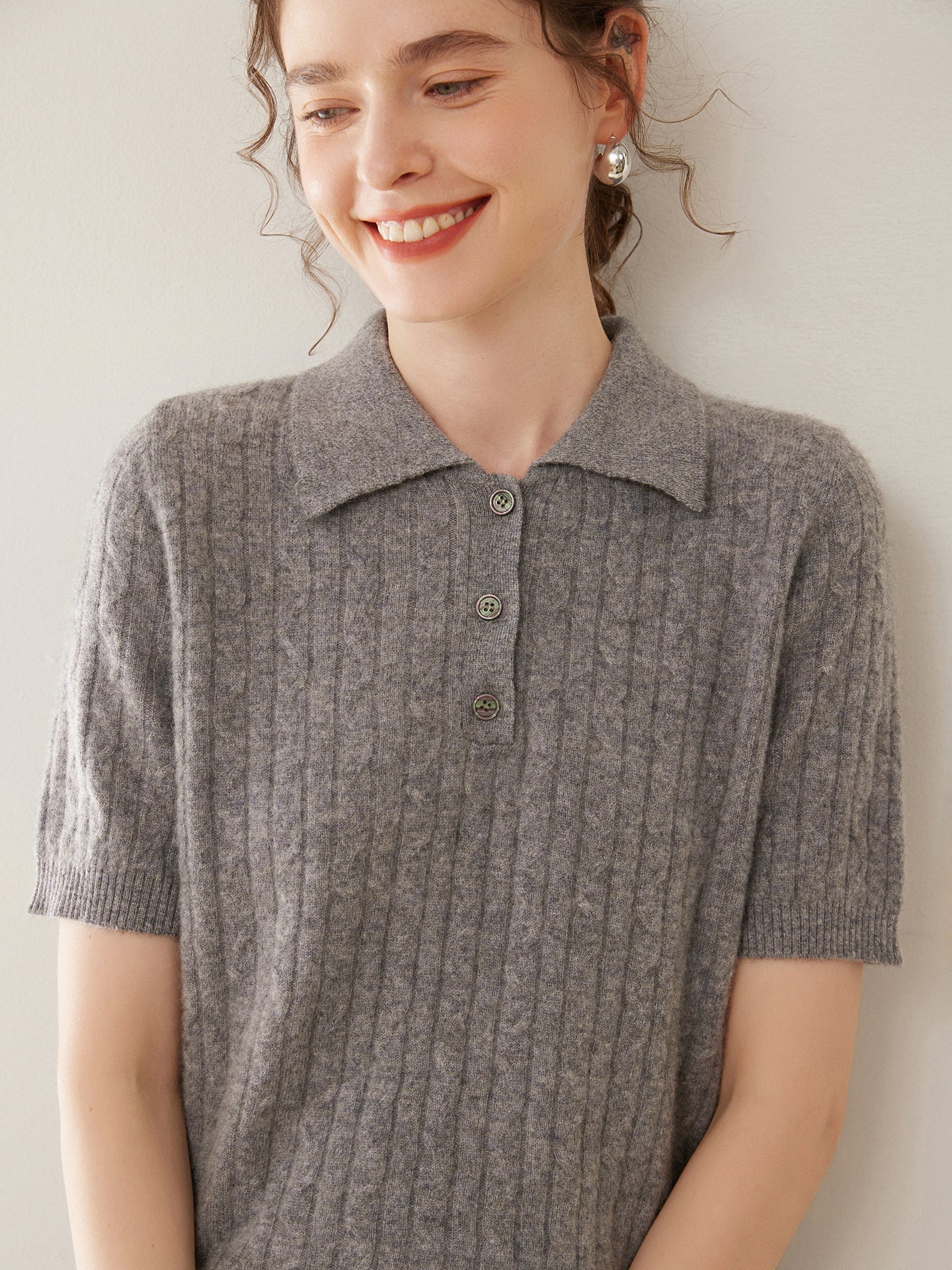 Womens Polo Neck Cashmere Sweater Short Sleeve Cable Knit Cashmere Top Gray XS