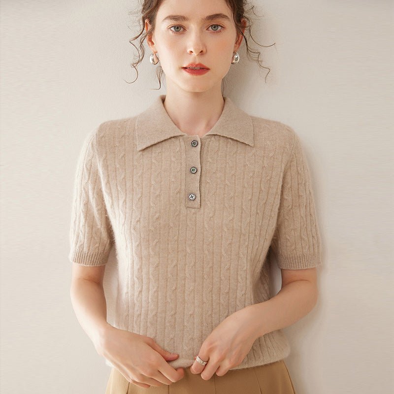Womens Polo Neck Cashmere Sweater Short Sleeve Cable Knit Cashmere Top Camel XS