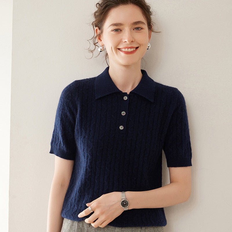 Womens Polo Neck Cashmere Sweater Short Sleeve Cable Knit Cashmere Top Navy Blue XS