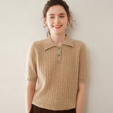 Womens Polo Neck Cashmere Sweater Short Sleeve Cable Knit Cashmere Top Gold Camel XS