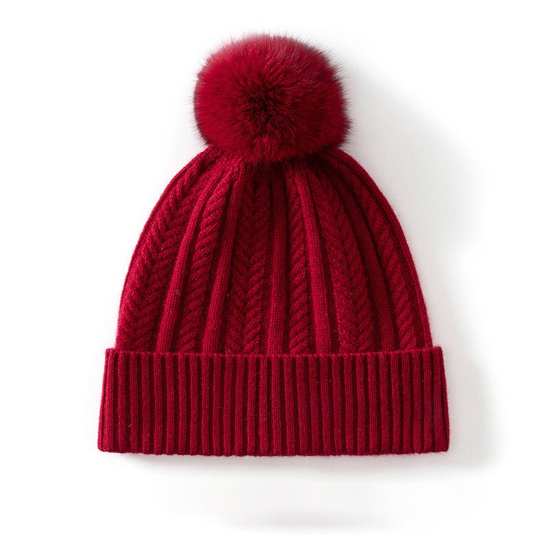 Womens Pom Cashmere Beanie Soft Rib Cashmere Knit Hat Fold Cuff