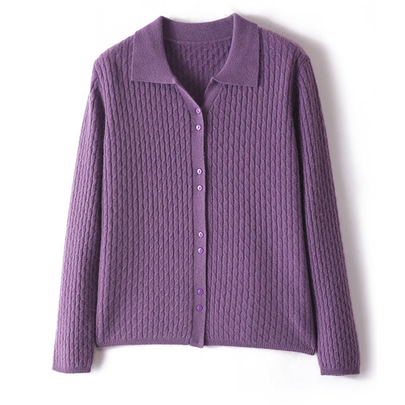 Womens Pure Cashmere Cardigan Cable Knit Button Front Polo Neck Cashmere Sweater Purple XS