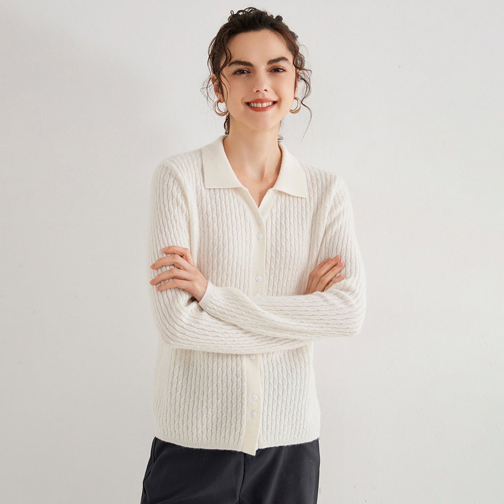 Womens Pure Cashmere Cardigan Cable Knit Button Front Polo Neck Cashmere Sweater Ivory XS