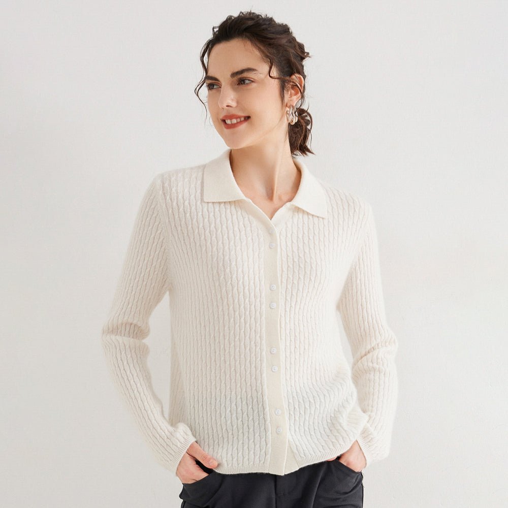 Womens Pure Cashmere Cardigan Cable Knit Button Front Polo Neck Cashmere Sweater Ivory XS