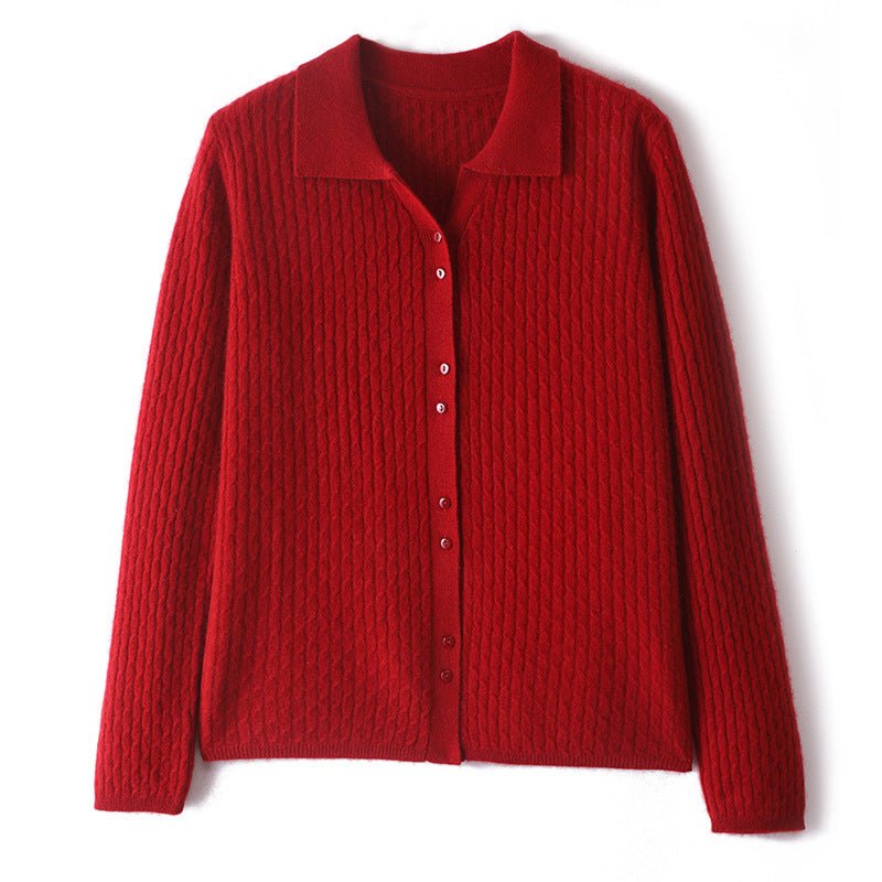 Womens Pure Cashmere Cardigan Cable Knit Button Front Polo Neck Cashmere Sweater Claret XS