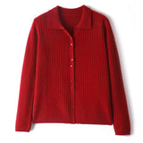 Womens Pure Cashmere Cardigan Cable Knit Button Front Polo Neck Cashmere Sweater Claret XS