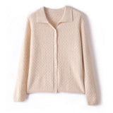 Womens Pure Cashmere Cardigan Cable Knit Button Front Polo Neck Cashmere Sweater Claret XS