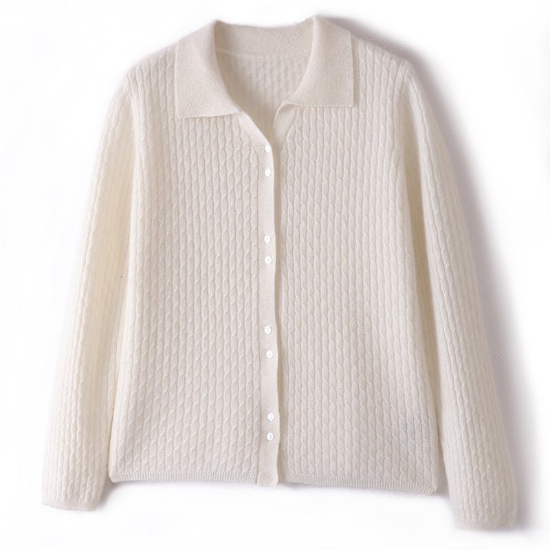 Womens Pure Cashmere Cardigan Cable Knit Button Front Polo Neck Cashmere Sweater Ivory XS