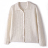 Womens Pure Cashmere Cardigan Cable Knit Button Front Polo Neck Cashmere Sweater Ivory XS