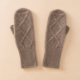 Womens Pure Cashmere Knit Mittens Cashmere Gloves with Diamond Pattern