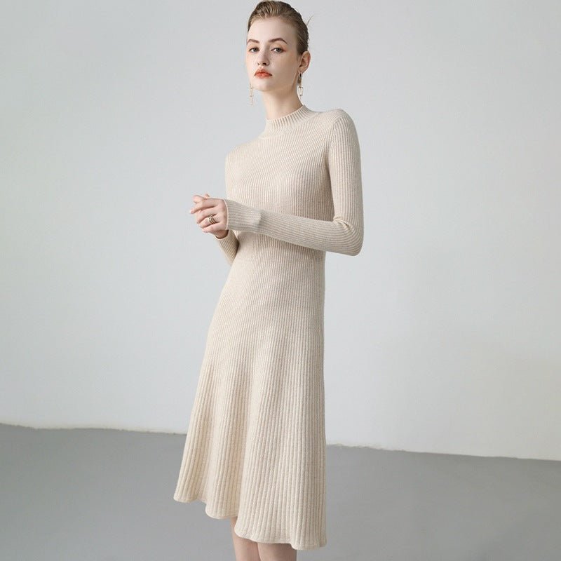 Womens Ribbed Cashmere Midi Dress Mock Neck Cashmere Sweater Dress Fitted Cashmere Dress Beige XS