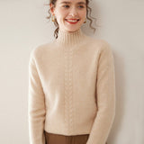 Womens Ribbed Mock Neck Cashmere Sweater Cable Knit Cashmere Pullover Beige XS